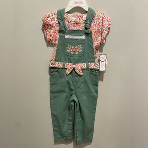 Little Lass Green Overall & Floral Top Set Size 24mo NWT